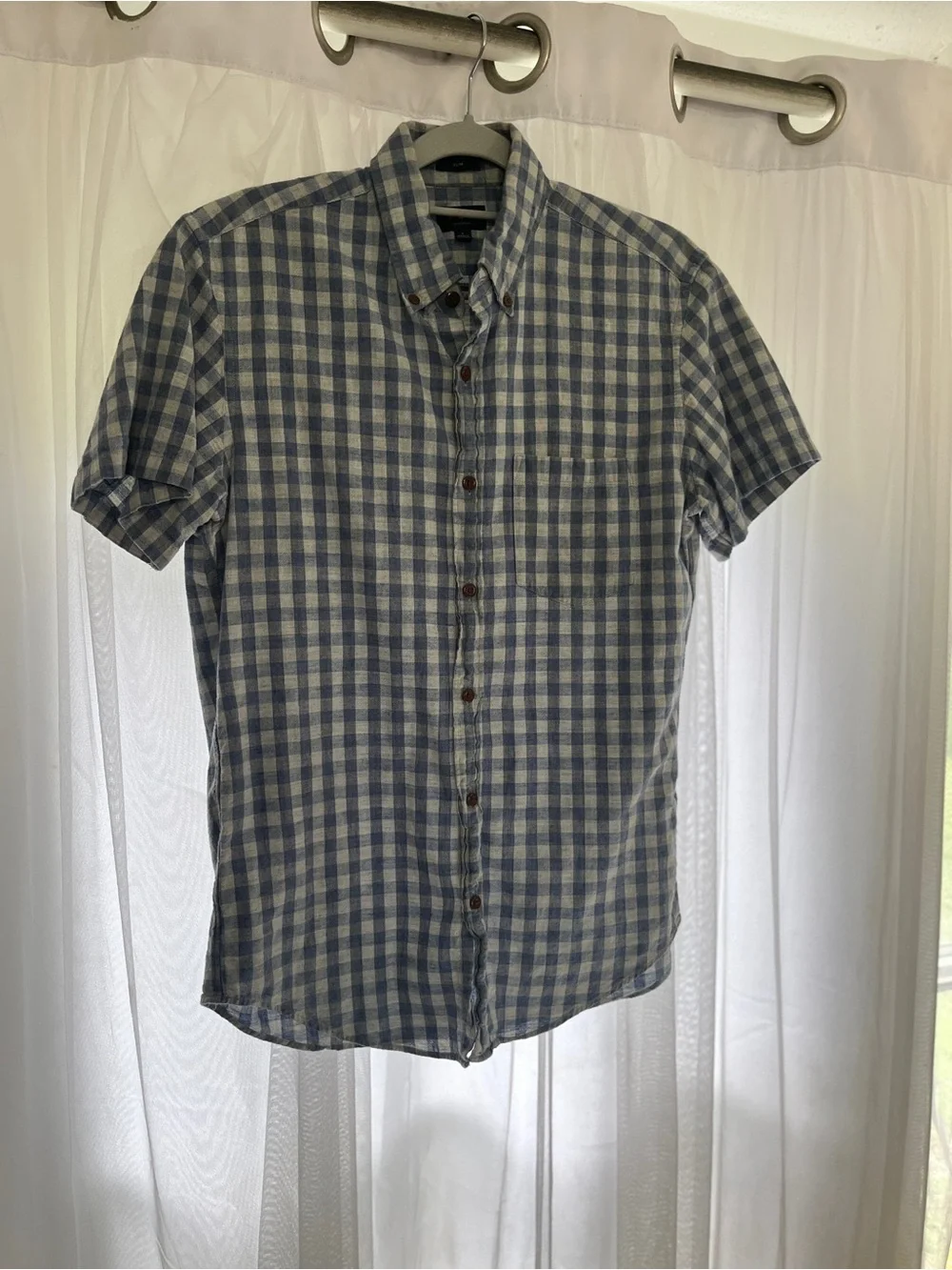 J. Crew Navy Gingham Short-Sleeve Button Shirt preppy homespun 100% cotton small